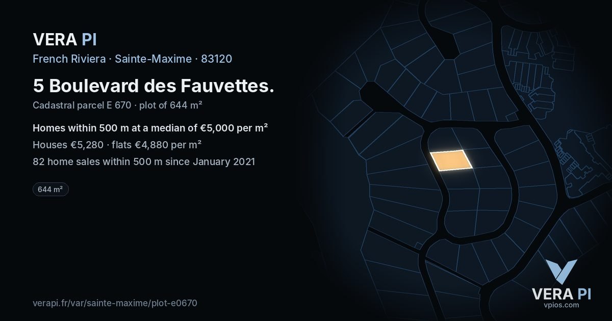 5 Boulevard des Fauvettes, Sainte-Maxime at night – the plot lit, the parcels around coloured by the prices near them
