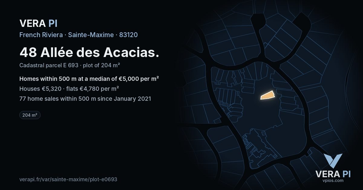 48 Allée des Acacias, Sainte-Maxime at night – the plot lit, the parcels around coloured by the prices near them