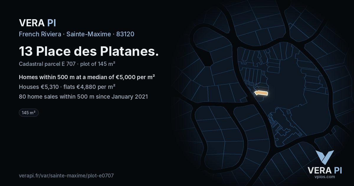 13 Place des Platanes, Sainte-Maxime at night – the plot lit, the parcels around coloured by the prices near them