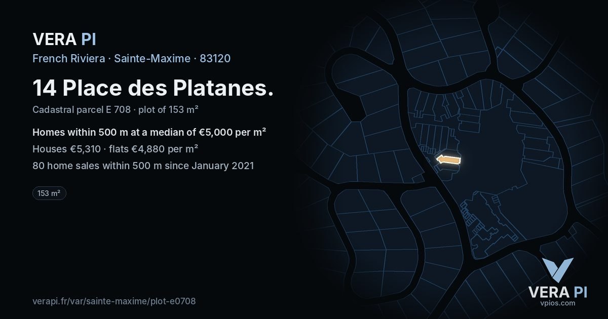 14 Place des Platanes, Sainte-Maxime at night – the plot lit, the parcels around coloured by the prices near them