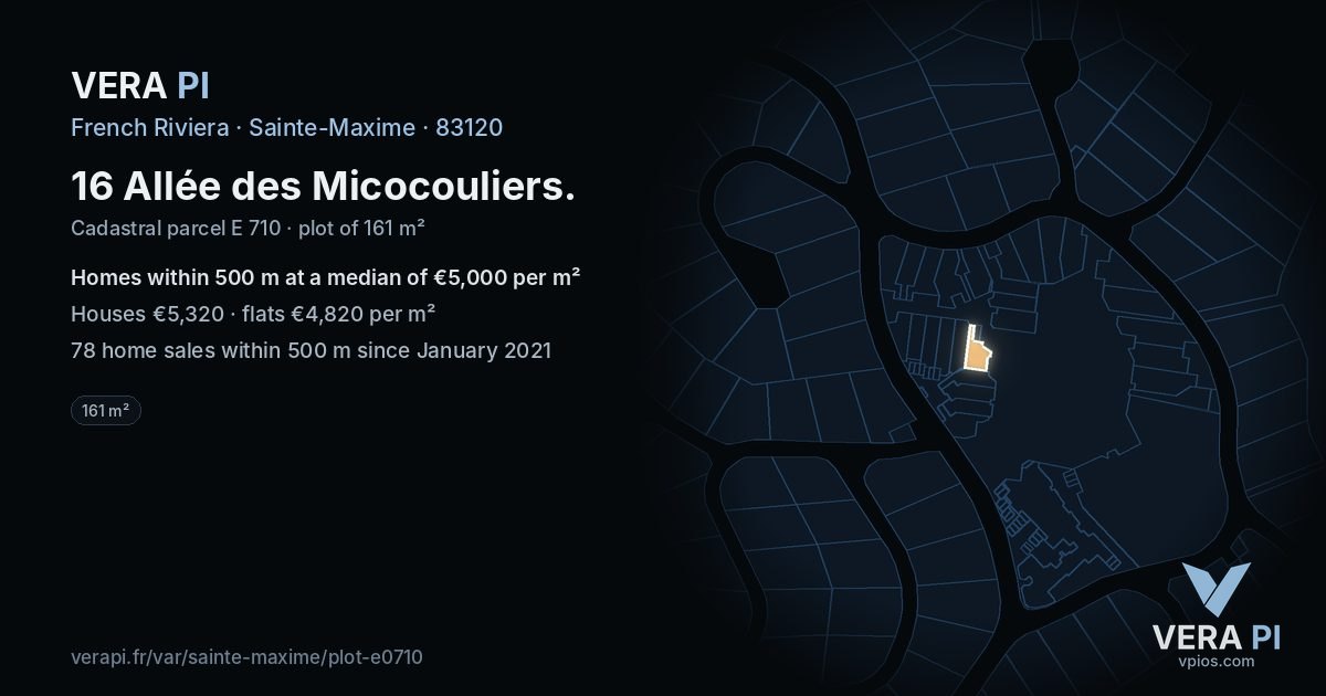 16 Allée des Micocouliers, Sainte-Maxime at night – the plot lit, the parcels around coloured by the prices near them