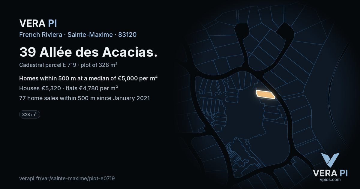 39 Allée des Acacias, Sainte-Maxime at night – the plot lit, the parcels around coloured by the prices near them