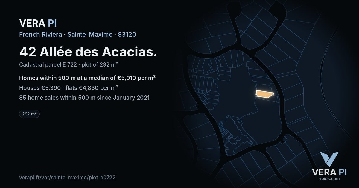 42 Allée des Acacias, Sainte-Maxime at night – the plot lit, the parcels around coloured by the prices near them