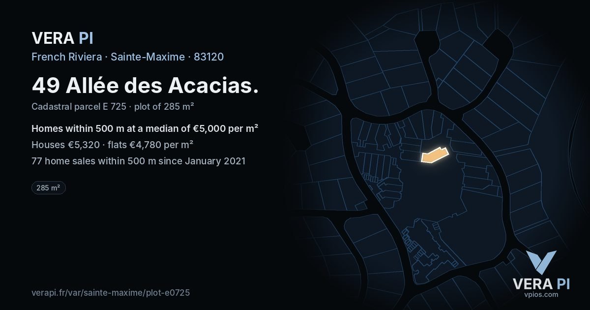 49 Allée des Acacias, Sainte-Maxime at night – the plot lit, the parcels around coloured by the prices near them