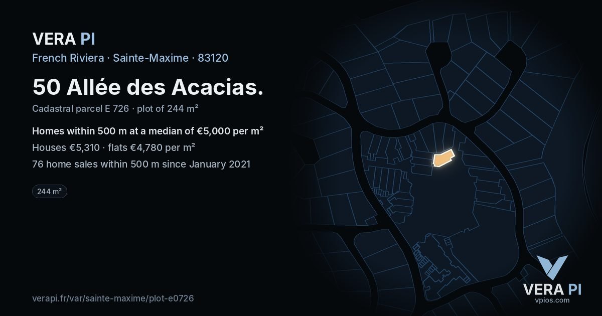50 Allée des Acacias, Sainte-Maxime at night – the plot lit, the parcels around coloured by the prices near them