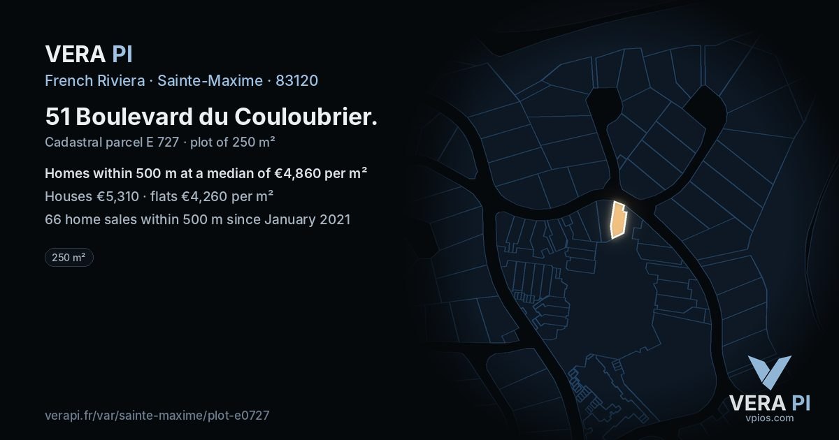 51 Boulevard du Couloubrier, Sainte-Maxime at night – the plot lit, the parcels around coloured by the prices near them