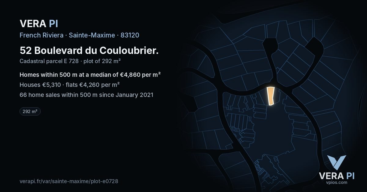 52 Boulevard du Couloubrier, Sainte-Maxime at night – the plot lit, the parcels around coloured by the prices near them