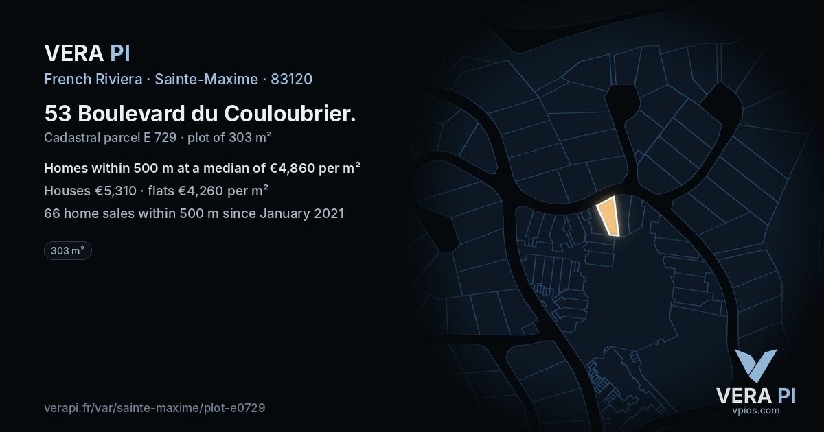 53 Boulevard du Couloubrier, Sainte-Maxime at night – the plot lit, the parcels around coloured by the prices near them