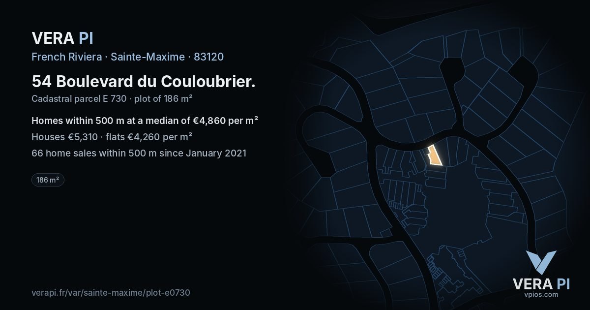 54 Boulevard du Couloubrier, Sainte-Maxime at night – the plot lit, the parcels around coloured by the prices near them