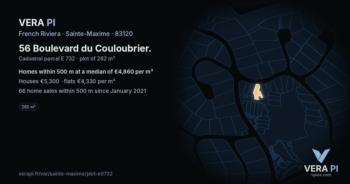 56 Boulevard du Couloubrier, Sainte-Maxime at night – the plot lit, the parcels around coloured by the prices near them