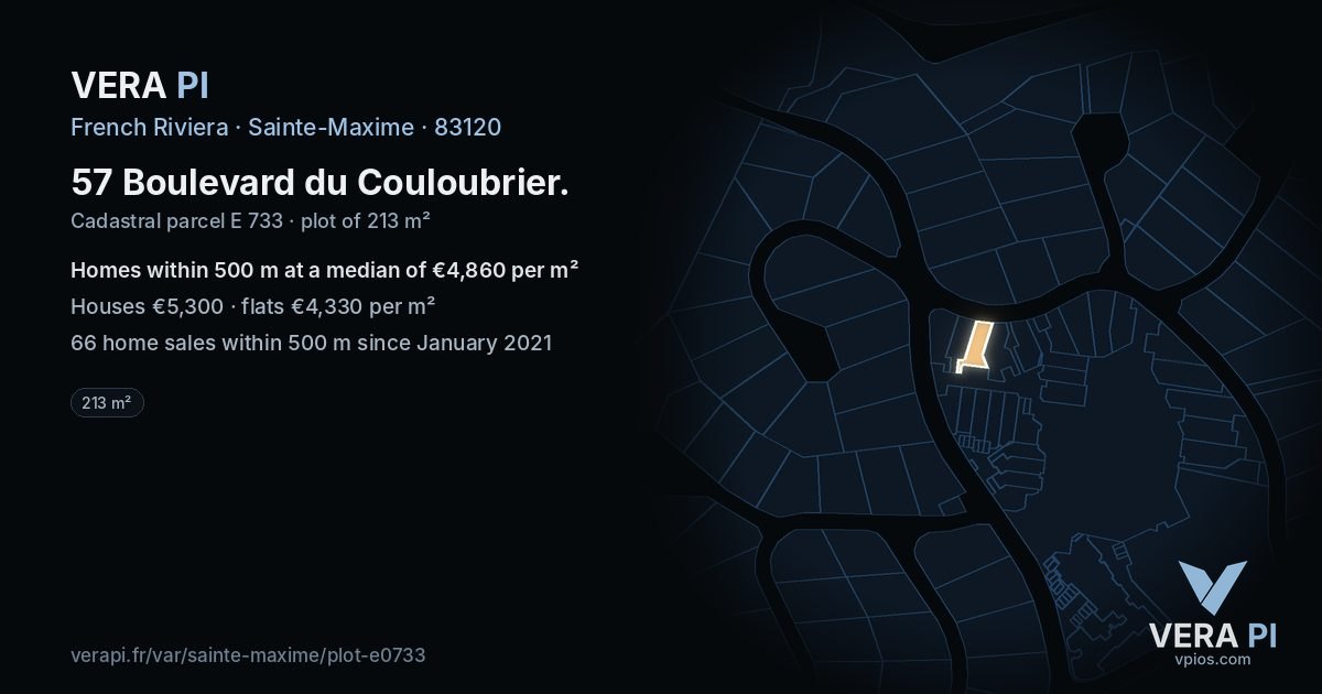 57 Boulevard du Couloubrier, Sainte-Maxime at night – the plot lit, the parcels around coloured by the prices near them