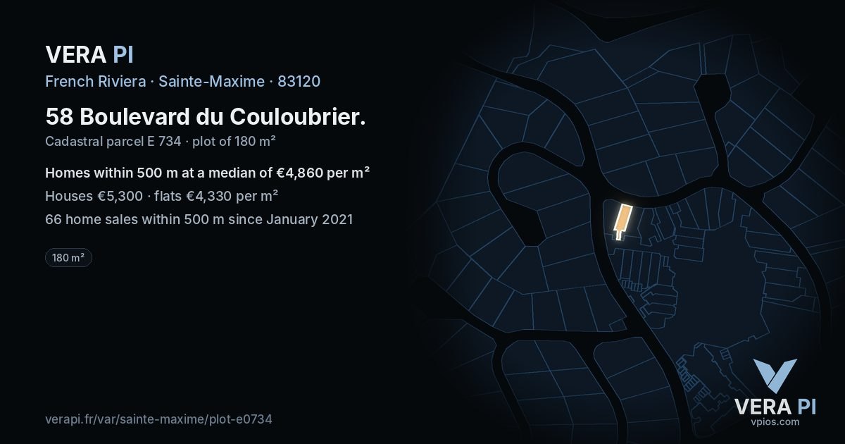 58 Boulevard du Couloubrier, Sainte-Maxime at night – the plot lit, the parcels around coloured by the prices near them