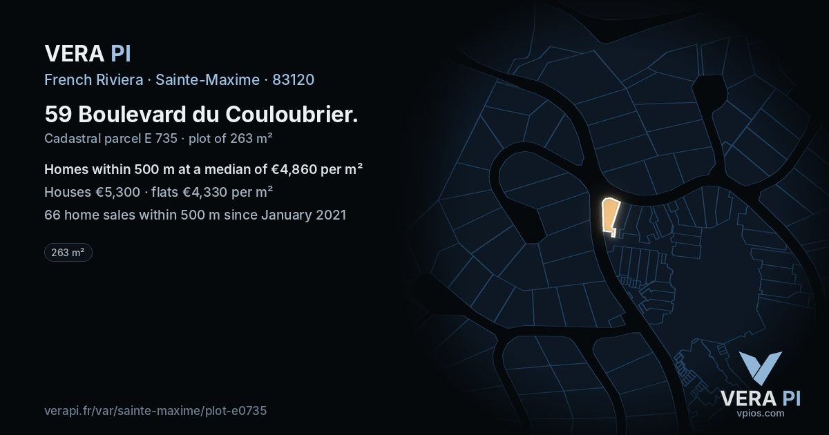 59 Boulevard du Couloubrier, Sainte-Maxime at night – the plot lit, the parcels around coloured by the prices near them
