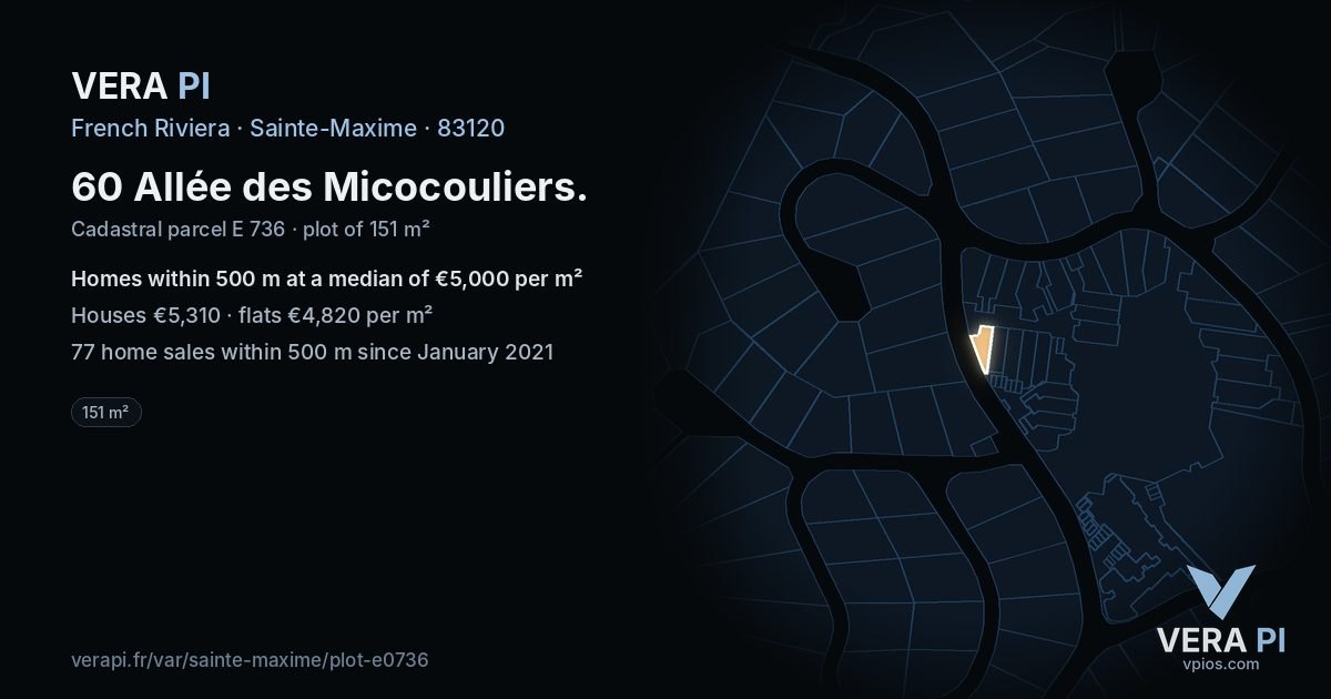 60 Allée des Micocouliers, Sainte-Maxime at night – the plot lit, the parcels around coloured by the prices near them