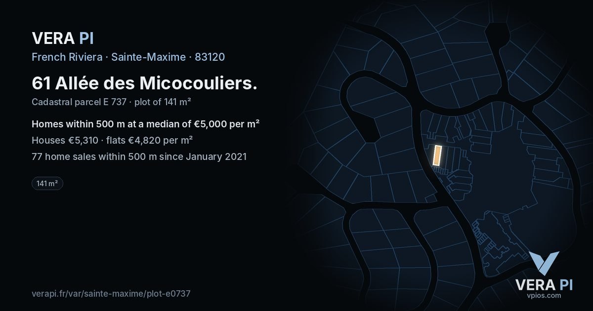 61 Allée des Micocouliers, Sainte-Maxime at night – the plot lit, the parcels around coloured by the prices near them