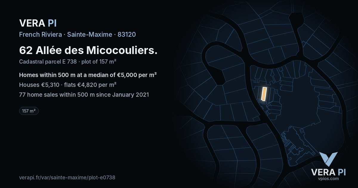 62 Allée des Micocouliers, Sainte-Maxime at night – the plot lit, the parcels around coloured by the prices near them