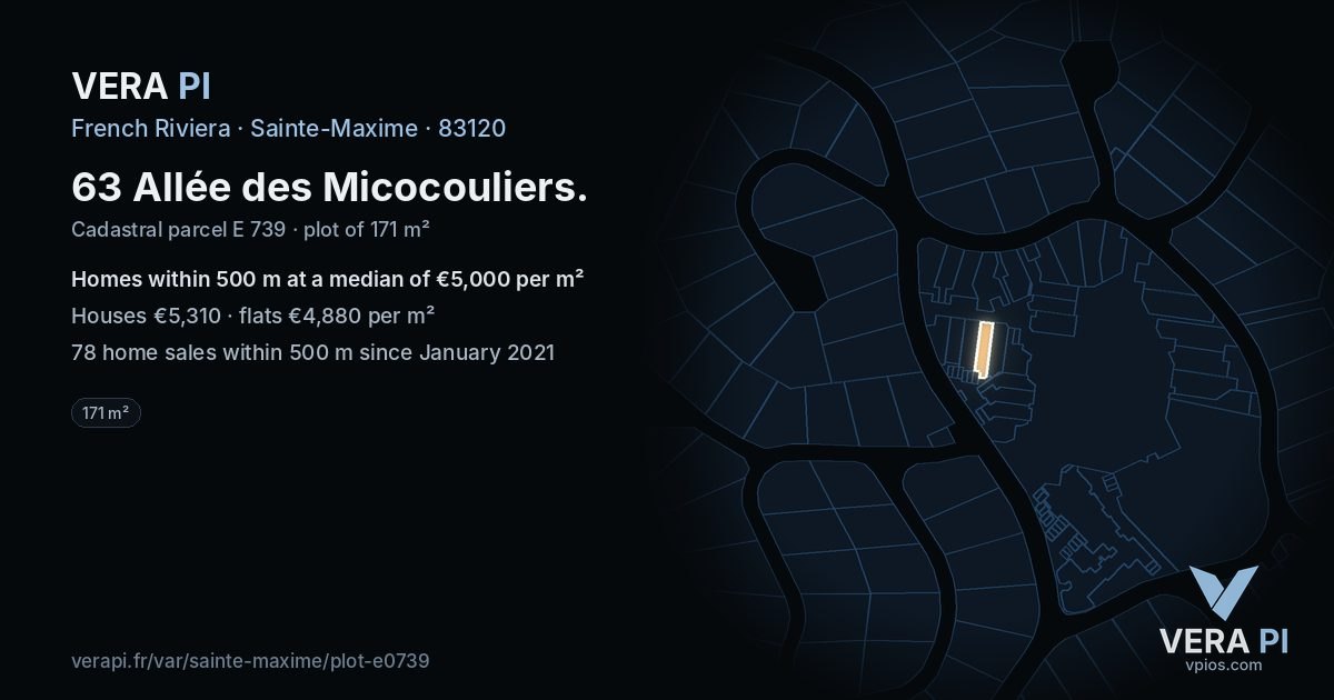 63 Allée des Micocouliers, Sainte-Maxime at night – the plot lit, the parcels around coloured by the prices near them