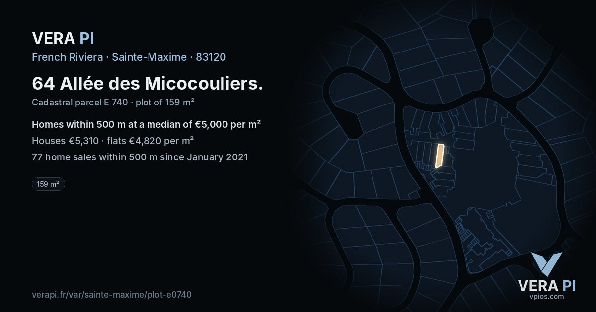 64 Allée des Micocouliers, Sainte-Maxime at night – the plot lit, the parcels around coloured by the prices near them