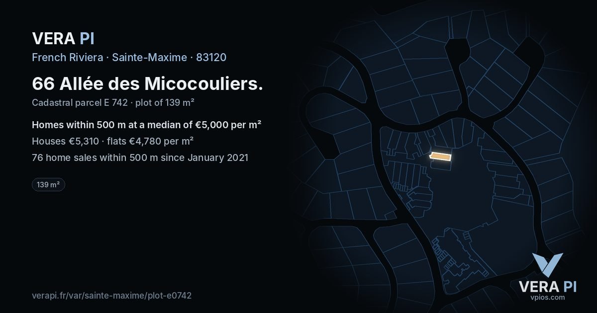 66 Allée des Micocouliers, Sainte-Maxime at night – the plot lit, the parcels around coloured by the prices near them