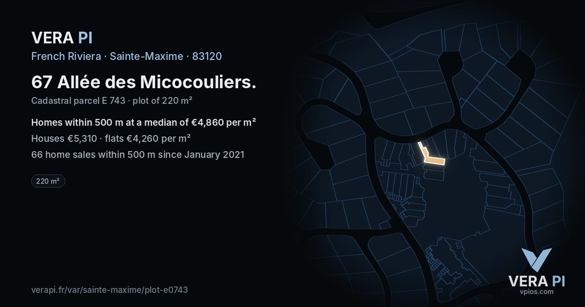 67 Allée des Micocouliers, Sainte-Maxime at night – the plot lit, the parcels around coloured by the prices near them