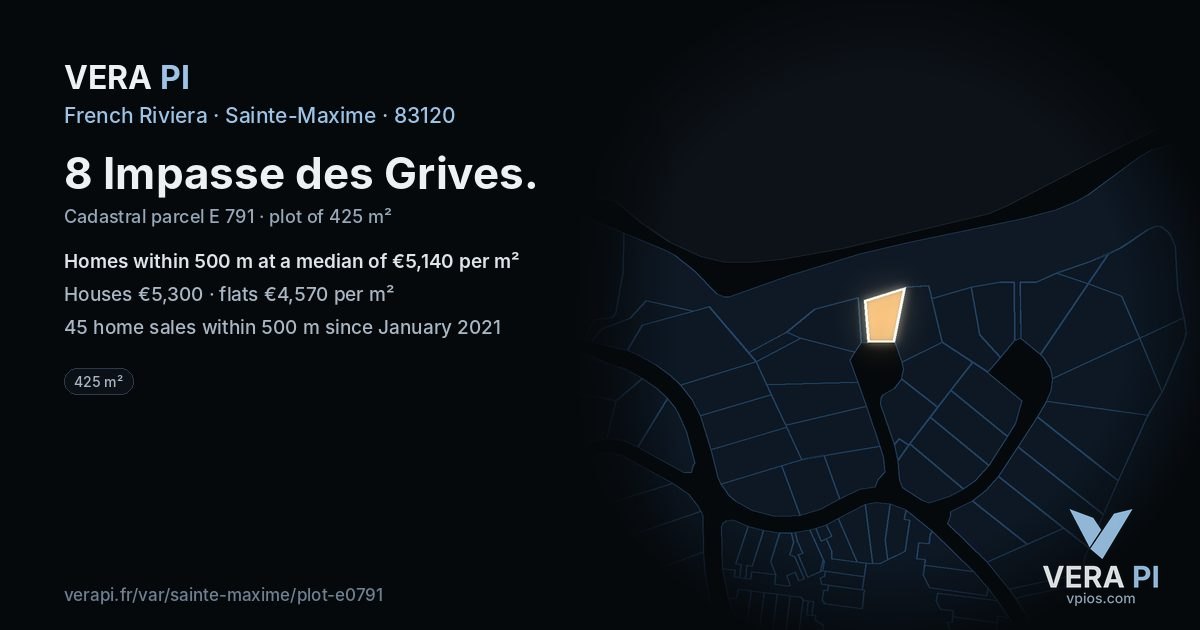 8 Impasse des Grives, Sainte-Maxime at night – the plot lit, the parcels around coloured by the prices near them