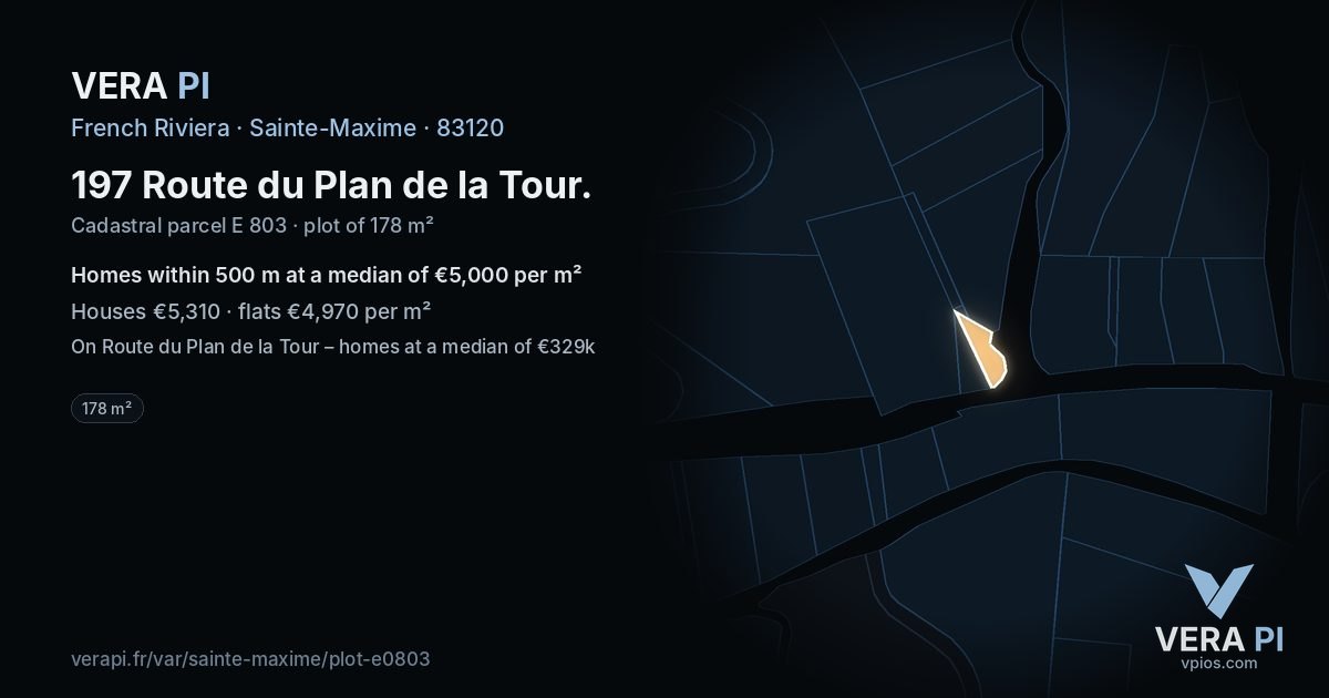 197 Route du Plan de la Tour, Sainte-Maxime at night – the plot lit, the parcels around coloured by the prices near them