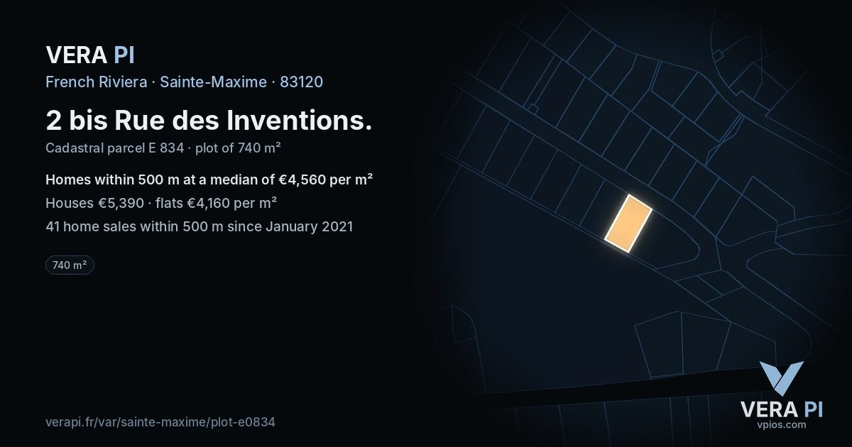 2 bis Rue des Inventions, Sainte-Maxime at night – the plot lit, the parcels around coloured by the prices near them