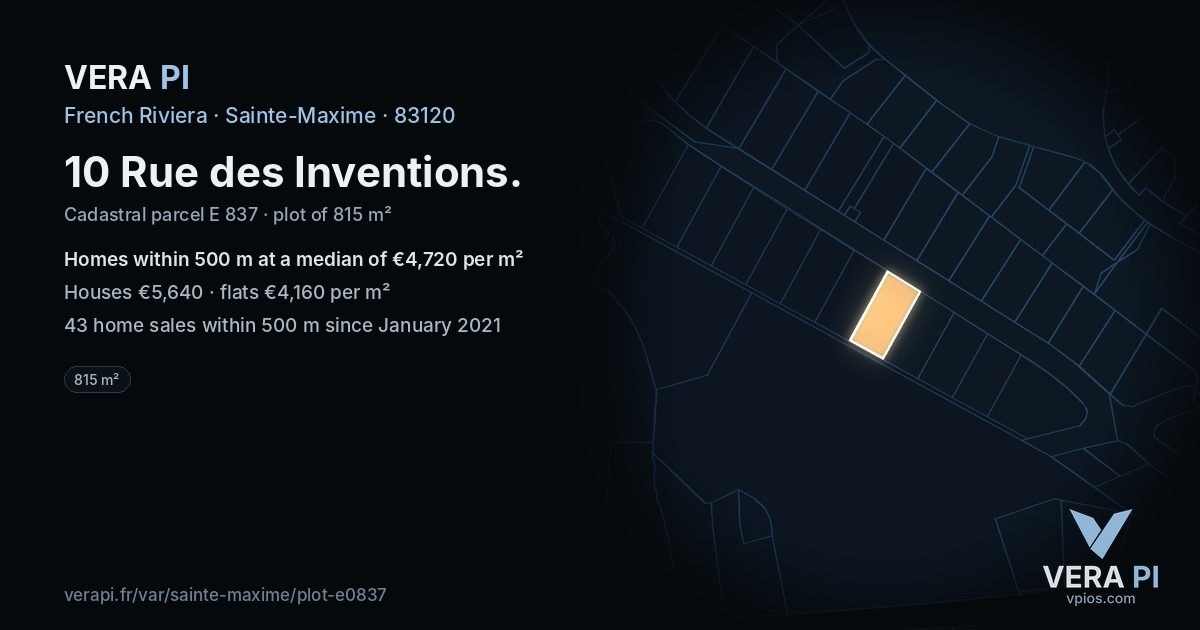 10 Rue des Inventions, Sainte-Maxime at night – the plot lit, the parcels around coloured by the prices near them