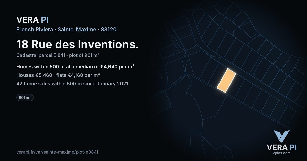 18 Rue des Inventions, Sainte-Maxime at night – the plot lit, the parcels around coloured by the prices near them