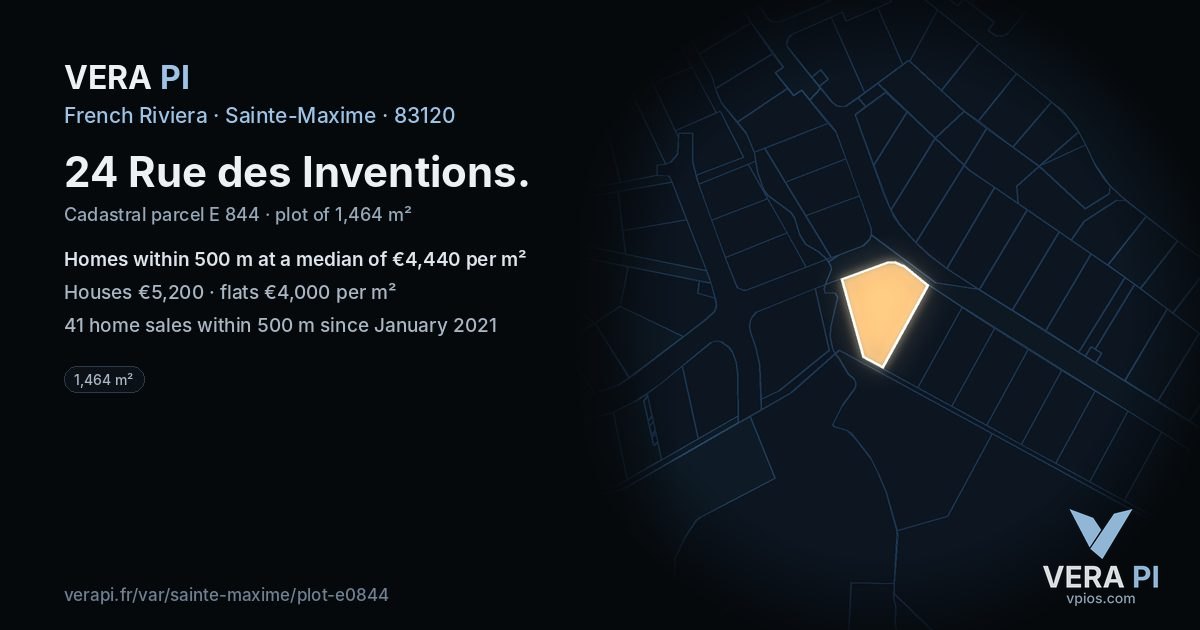 24 Rue des Inventions, Sainte-Maxime at night – the plot lit, the parcels around coloured by the prices near them