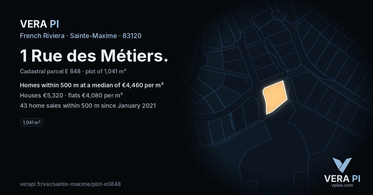 1 Rue des Métiers, Sainte-Maxime at night – the plot lit, the parcels around coloured by the prices near them