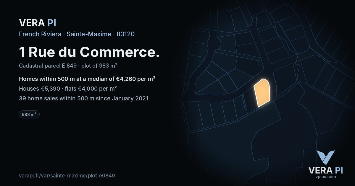 1 Rue du Commerce, Sainte-Maxime at night – the plot lit, the parcels around coloured by the prices near them