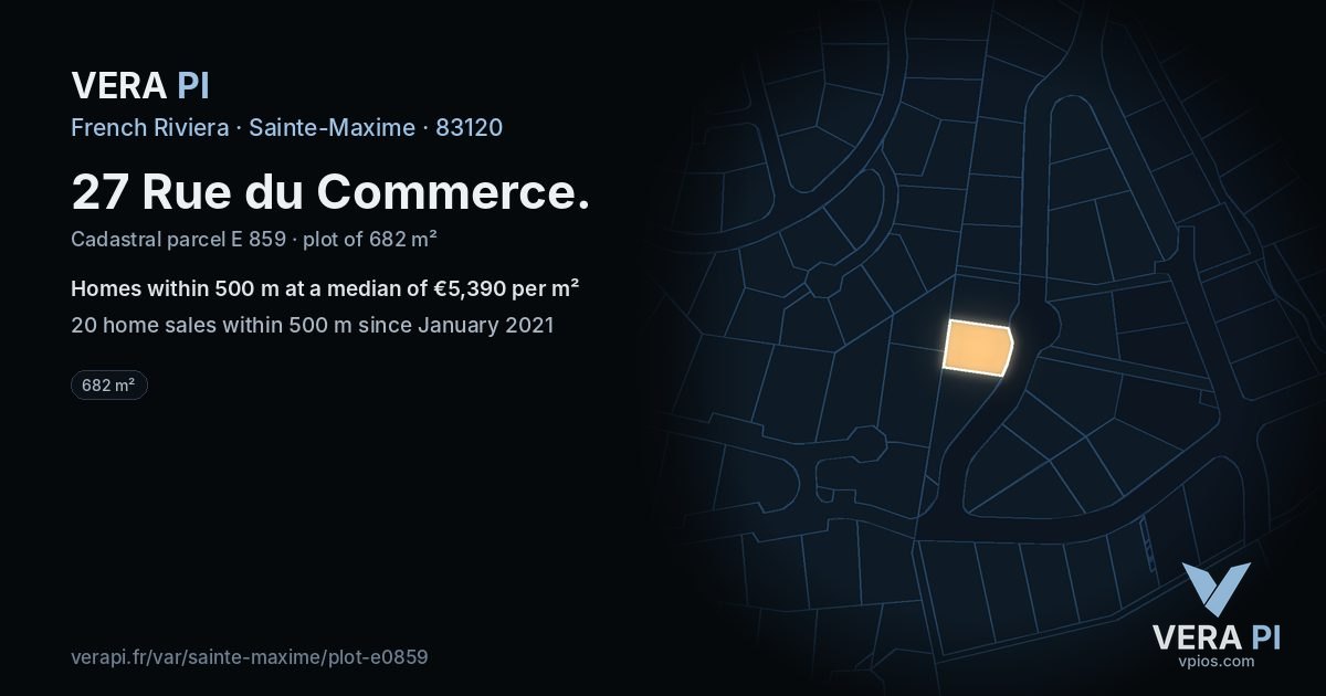 27 Rue du Commerce, Sainte-Maxime at night – the plot lit, the parcels around coloured by the prices near them