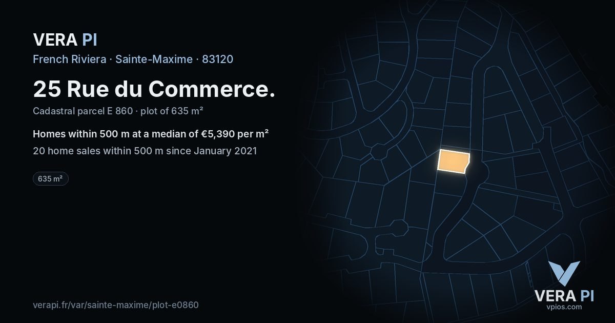 25 Rue du Commerce, Sainte-Maxime at night – the plot lit, the parcels around coloured by the prices near them