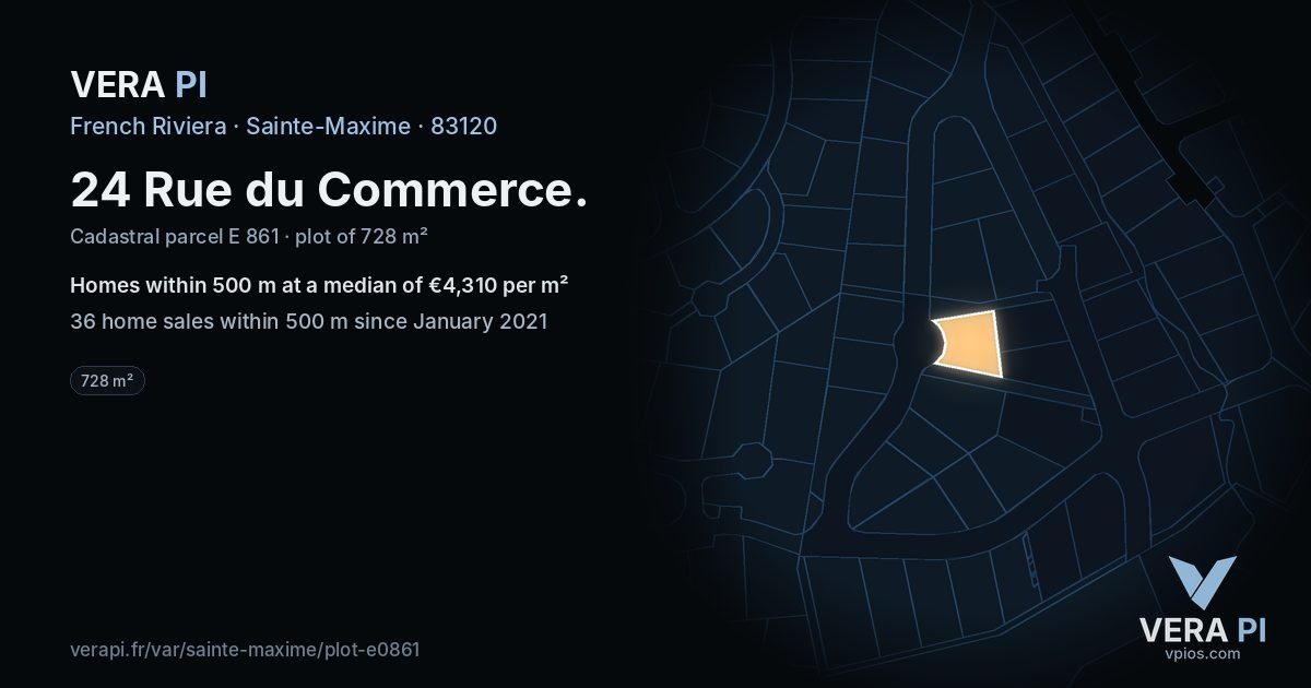 24 Rue du Commerce, Sainte-Maxime at night – the plot lit, the parcels around coloured by the prices near them