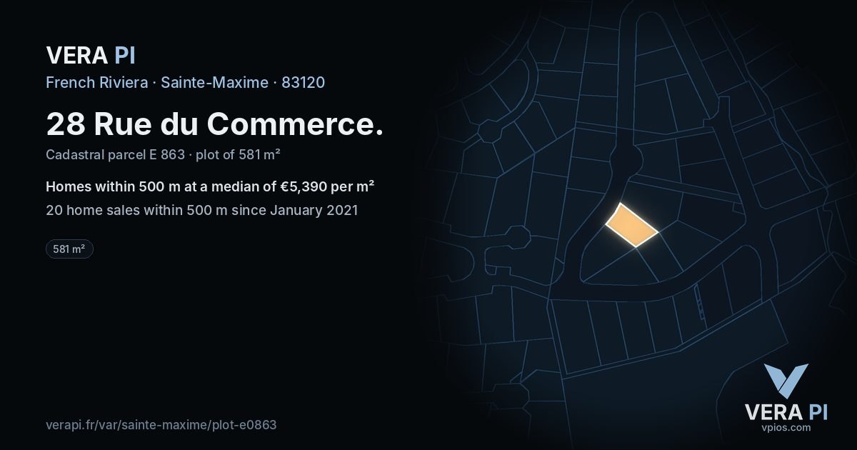 28 Rue du Commerce, Sainte-Maxime at night – the plot lit, the parcels around coloured by the prices near them