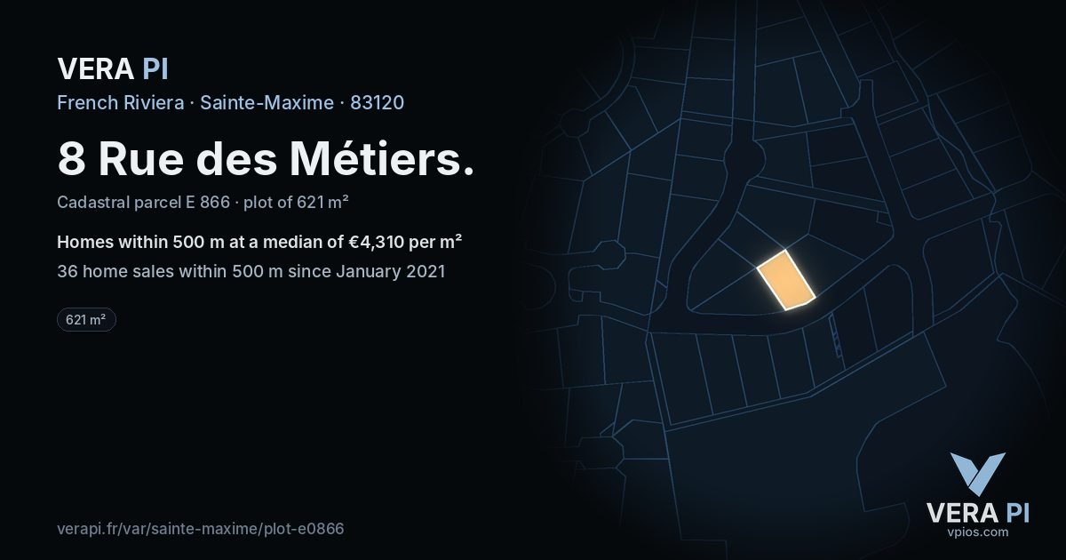 8 Rue des Métiers, Sainte-Maxime at night – the plot lit, the parcels around coloured by the prices near them