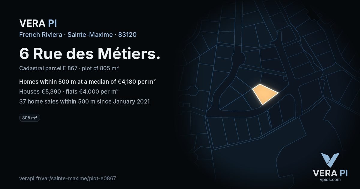 6 Rue des Métiers, Sainte-Maxime at night – the plot lit, the parcels around coloured by the prices near them