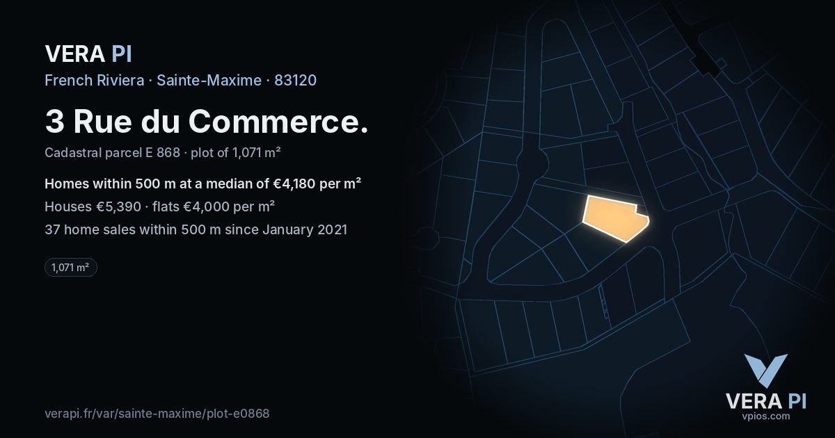 3 Rue du Commerce, Sainte-Maxime at night – the plot lit, the parcels around coloured by the prices near them