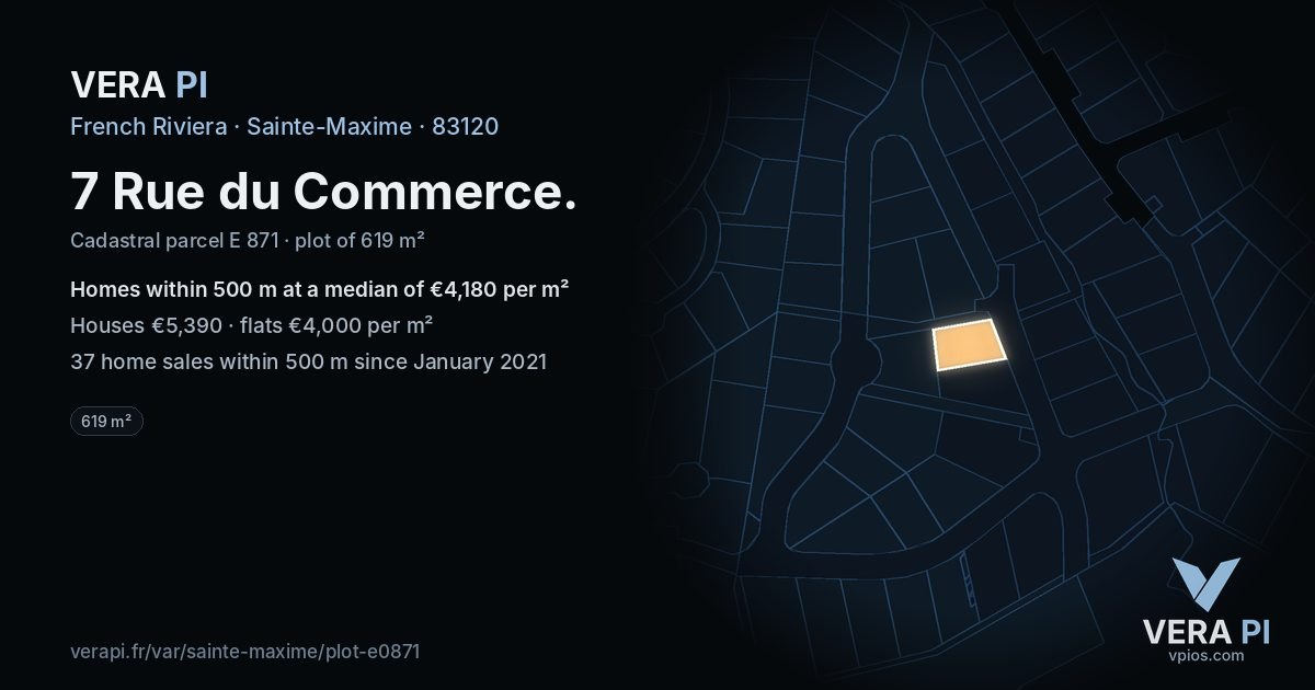 7 Rue du Commerce, Sainte-Maxime at night – the plot lit, the parcels around coloured by the prices near them
