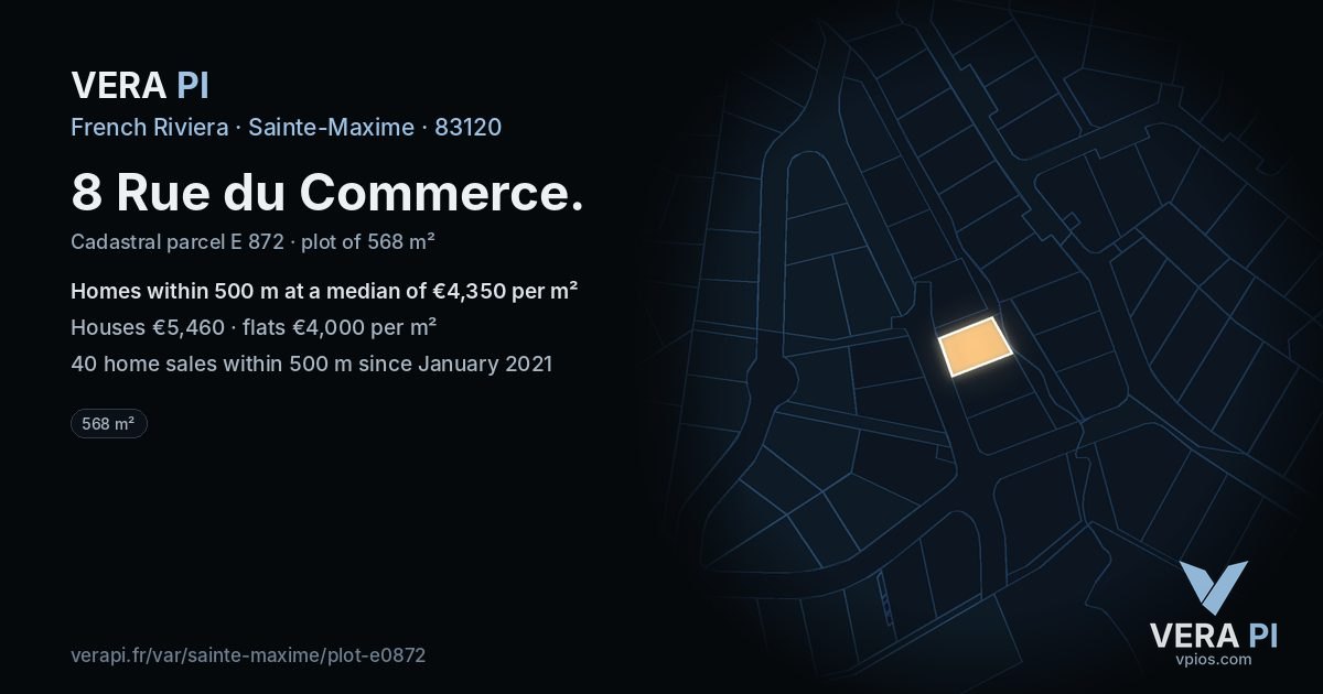 8 Rue du Commerce, Sainte-Maxime at night – the plot lit, the parcels around coloured by the prices near them