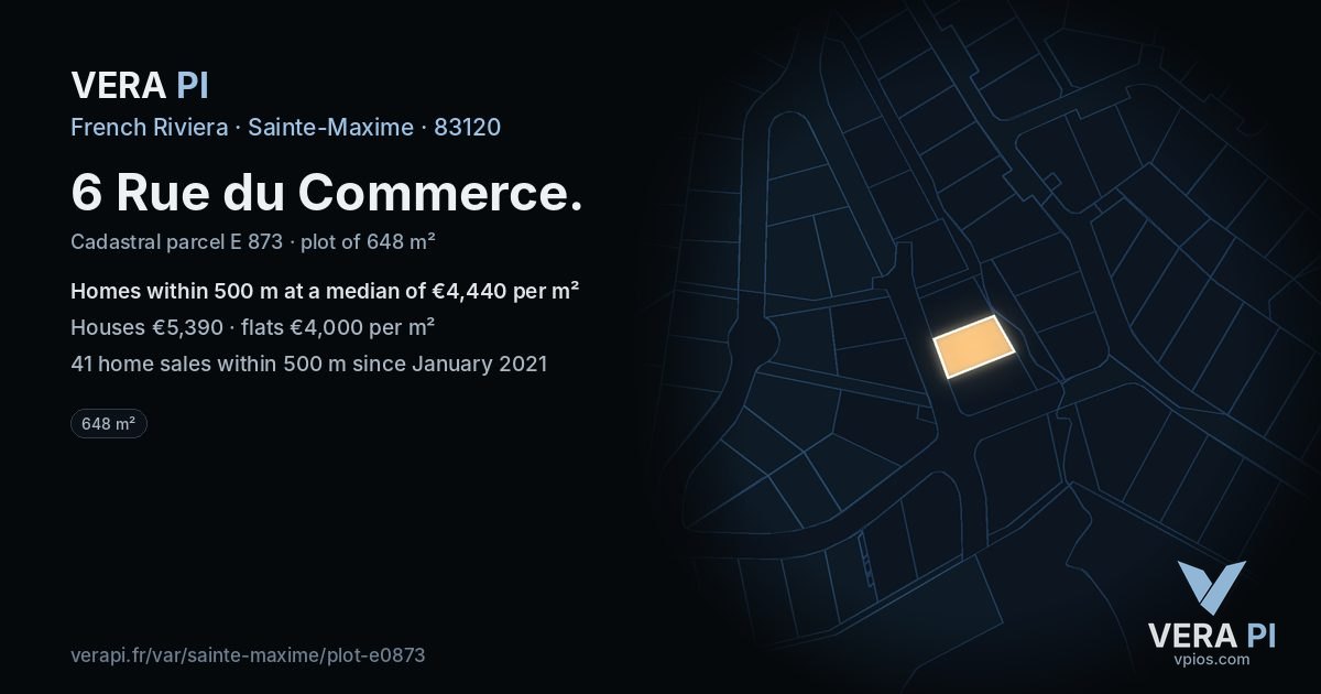 6 Rue du Commerce, Sainte-Maxime at night – the plot lit, the parcels around coloured by the prices near them