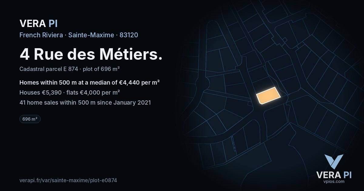 4 Rue des Métiers, Sainte-Maxime at night – the plot lit, the parcels around coloured by the prices near them