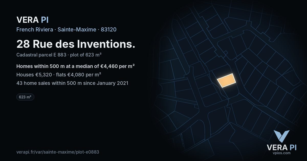 28 Rue des Inventions, Sainte-Maxime at night – the plot lit, the parcels around coloured by the prices near them