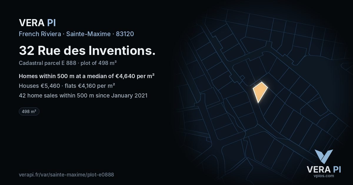 32 Rue des Inventions, Sainte-Maxime at night – the plot lit, the parcels around coloured by the prices near them