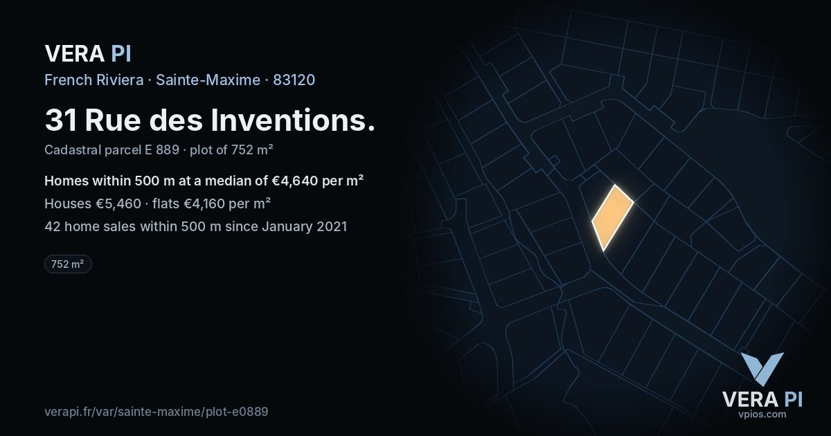 31 Rue des Inventions, Sainte-Maxime at night – the plot lit, the parcels around coloured by the prices near them