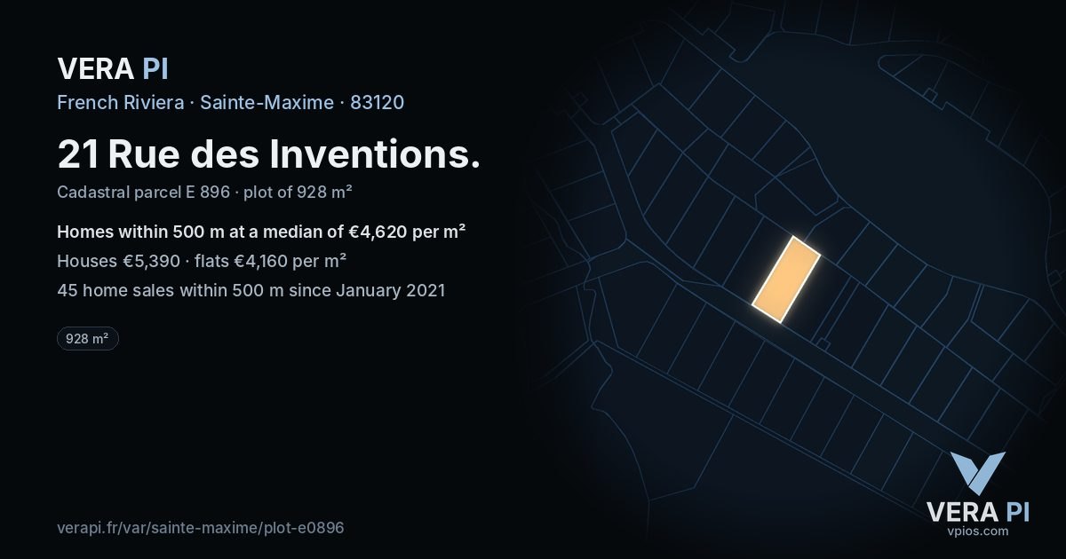 21 Rue des Inventions, Sainte-Maxime at night – the plot lit, the parcels around coloured by the prices near them