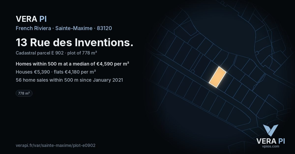 13 Rue des Inventions, Sainte-Maxime at night – the plot lit, the parcels around coloured by the prices near them