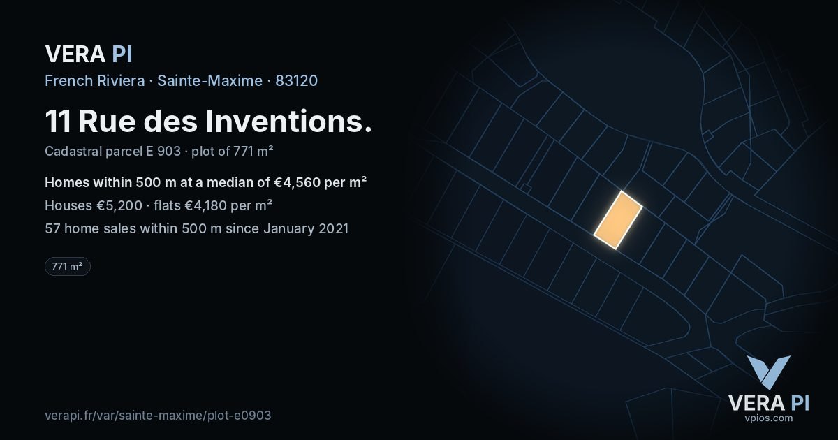 11 Rue des Inventions, Sainte-Maxime at night – the plot lit, the parcels around coloured by the prices near them