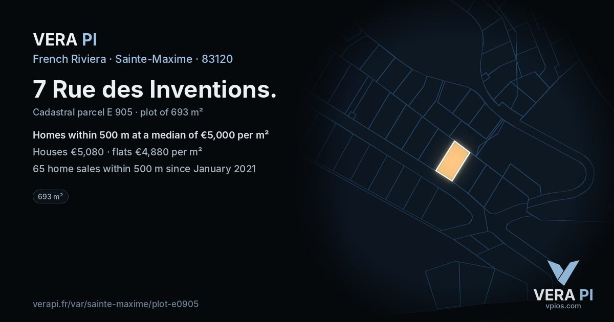 7 Rue des Inventions, Sainte-Maxime at night – the plot lit, the parcels around coloured by the prices near them